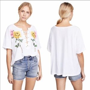 Wildfox Oversized Lace Up Pink and Yellow Rose Tee